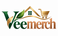 A stylized logo reading 'Vee merch' on a white background, with green leaves, a gold house outline, a gold shopping cart, and brown lettering.
